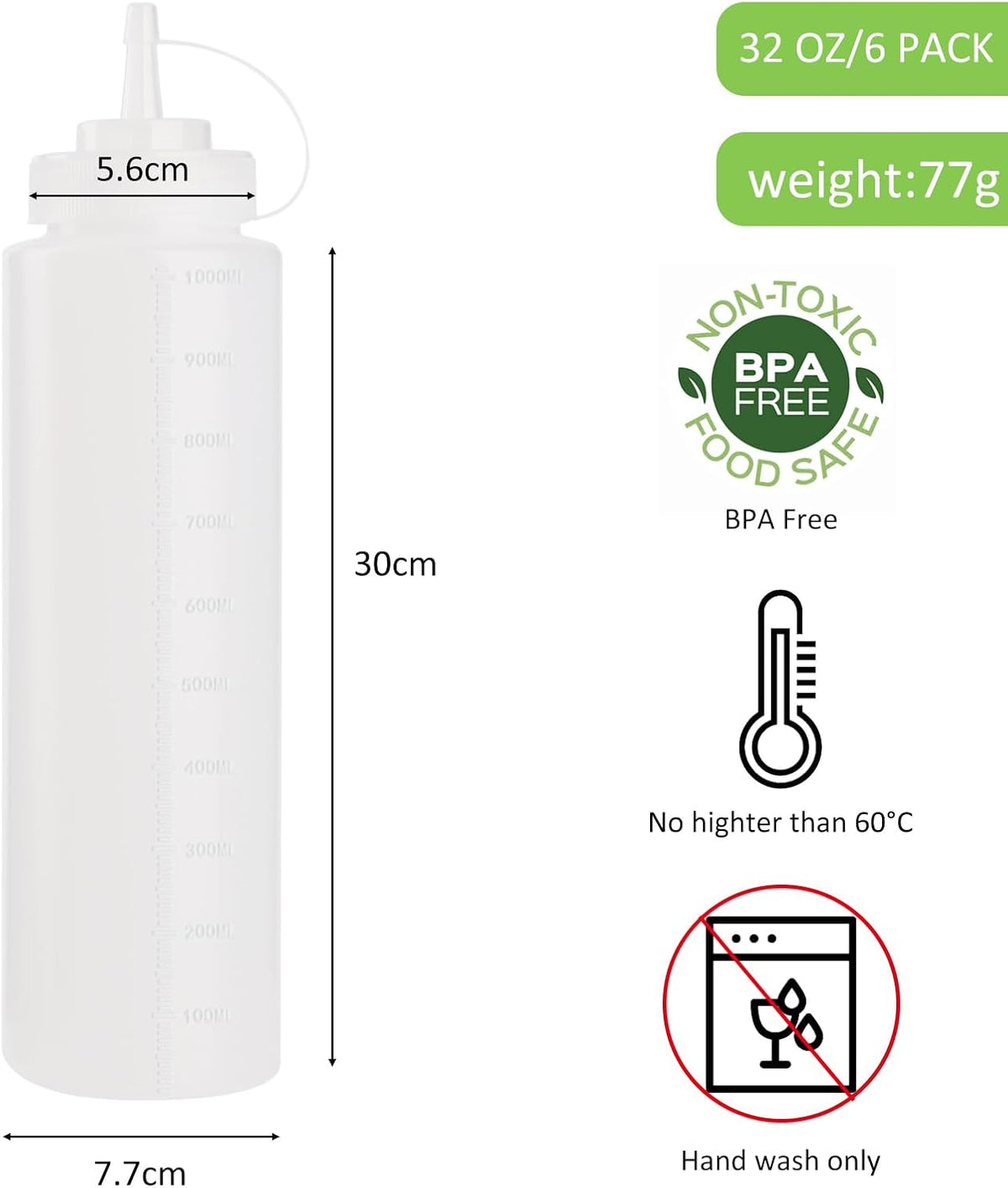 32 oz / 1000 ml Plastic Squeeze Bottles 3-Hole