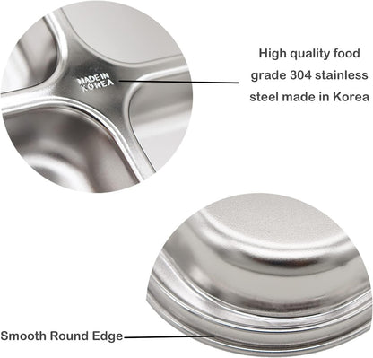 Korean Stainless Steel Divided Plates for Adults, Teens, Premium 304, Electro-Polished, No Black Residue, BPA-Free, Large 5-Compartment Food Tray, Diet Portion Control, Camping, Set of 2