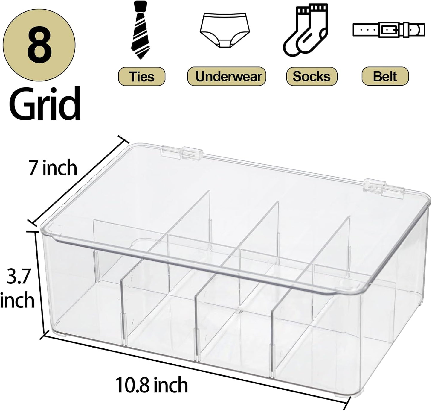 ZEXALOR Socks Underwear Drawer Organzier Dividers, 16 Compartment Removable Divided Plastic Storage Bin with Lid, Storage Organizer for Scarves Ties Bras, Clear Dresser Drawer Organizers
