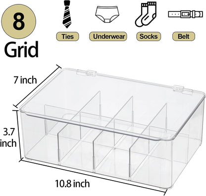 ZEXALOR Socks Underwear Drawer Organzier Dividers, 16 Compartment Removable Divided Plastic Storage Bin with Lid, Storage Organizer for Scarves Ties Bras, Clear Dresser Drawer Organizers