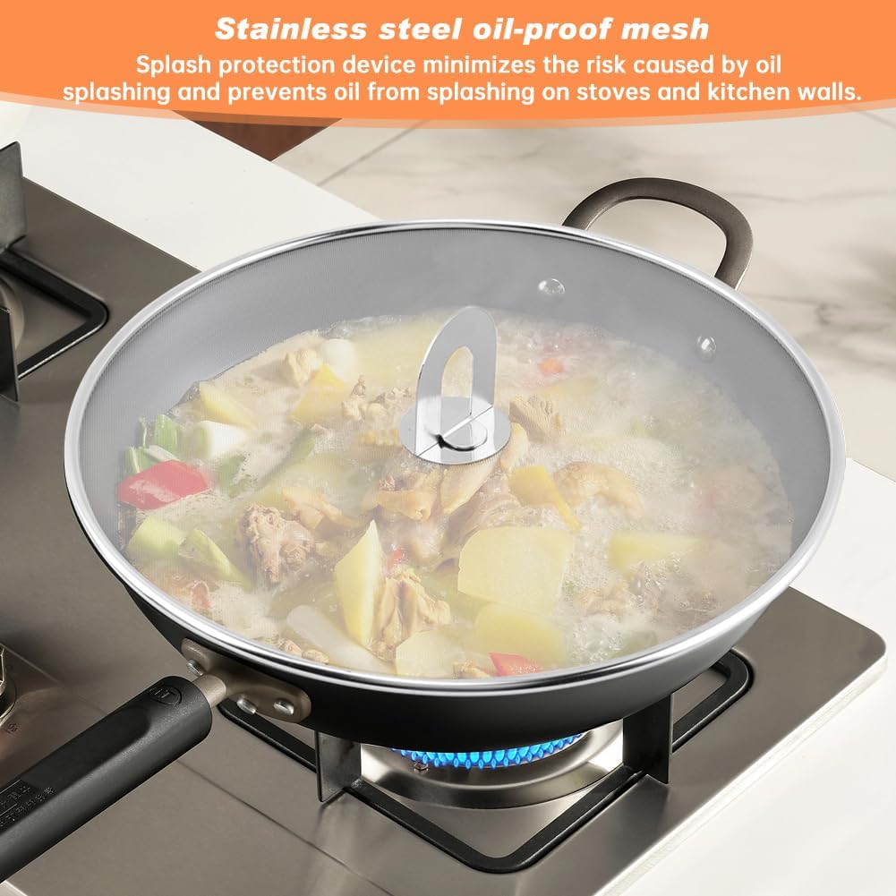 Splatter Screen for Frying Pan, 3 Pack Stainless Steel Extra-Fine Mesh, 10 in 11.5 in 13 in Grease Splatter Guard with Fold-Flat Knob, Dishwasher Safe
