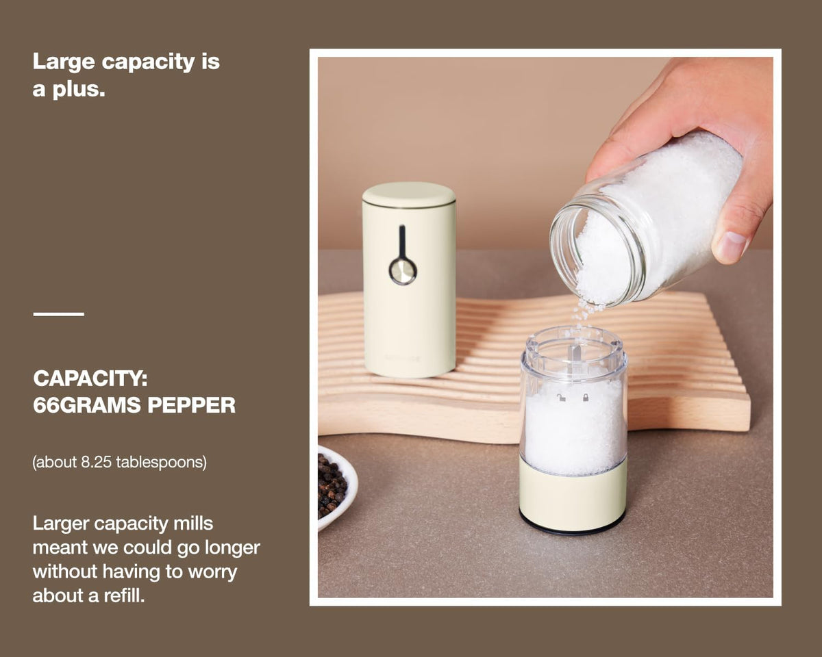 Stainless Steel Rechargeable Electric Salt and Pepper Grinder Set – USB Charging, One-Hand Electric Mill, Adjustable Coarseness, LED Light & Dust Cover –2pack(Greige & Buttercream)