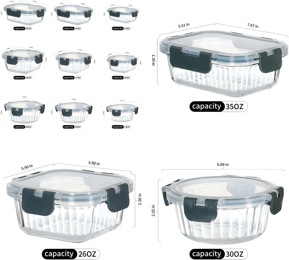 12-Piece Vertical Stripe Borosilicate Glass Food Storage Containers with Lids, Glass Meal Prep Containers, Leak-Proof Snap-Lock Sealed, BPA-Free, 10-35 oz Capacity (Large)