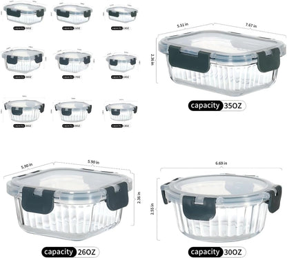 12-Piece Vertical Stripe Borosilicate Glass Food Storage Containers with Lids, Glass Meal Prep Containers, Leak-Proof Snap-Lock Sealed, BPA-Free, 10-35 oz Capacity (Large)