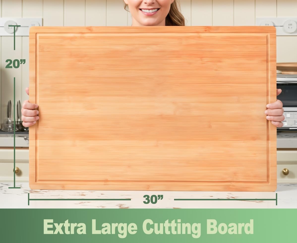 Bamboo Cutting Board for Kitchen, 18" Large Wood Charcuterie Cheese Board, Wooden Chopping Block with Side Handles and Juice Grooves