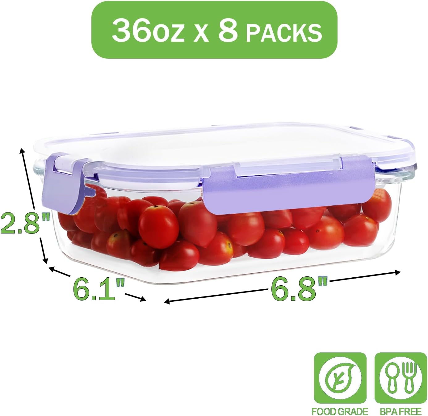 8 Pack 36oz Large Glass Meal Prep Containers with lids, Glass Food Storage Containers with Leak Proof Snap Lock Lids , Airtight Bento lunch Boxes, Kitchen Storage, Oven, Freezer and Dishwasher Safe