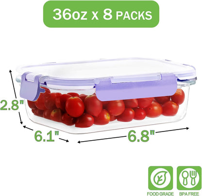 8 Pack 36oz Large Glass Meal Prep Containers with lids, Glass Food Storage Containers with Leak Proof Snap Lock Lids , Airtight Bento lunch Boxes, Kitchen Storage, Oven, Freezer and Dishwasher Safe