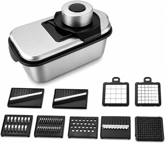 Vegetable Chopper, Stainless Steel Food Dicer Cutter and Mandoline Slicer with Drain Holes and Storage Container, Dishwasher Safe Food Chopper for Onion, Potato, Cucumber, Carrot and More | Drain Holes, Dishwasher Safe, Easy Storage