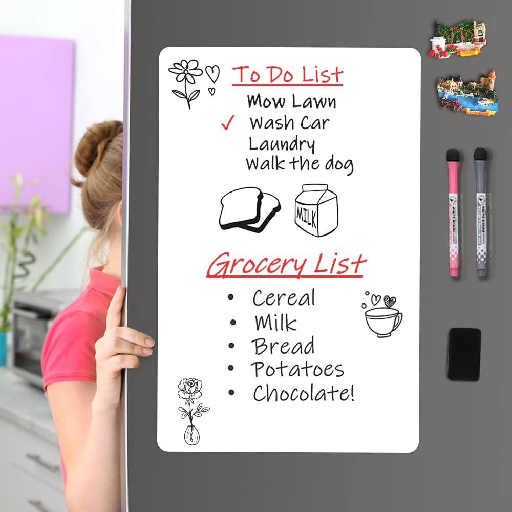 Magnetic Dry Erase Board Fridge White Board Sheet 20x13 inch, Flexible Large Refrigerator Magnets Whiteboard Planner for Home Kitchen, 2 Markers and Eraser
