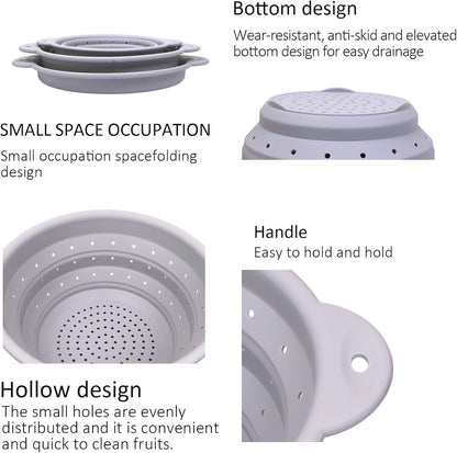 Silicone Collapsible Colander Set of 3, Thickened Foldable Strainers with Stainless Steel Rim, Heat-Resistant for Pasta, Washing Fruit, Vegetable Storage, Dishwasher Safe, BPA Free