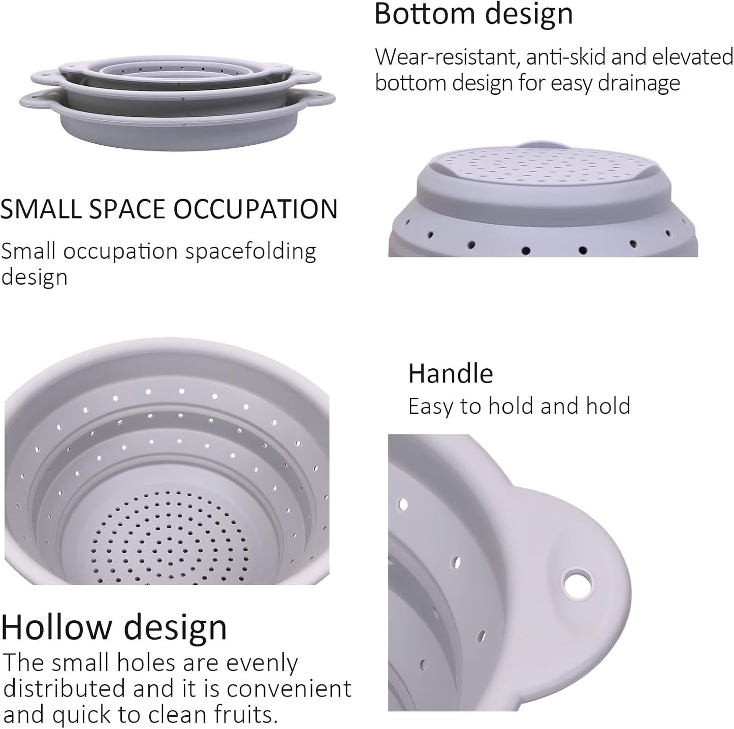 Silicone Collapsible Colander Set of 3, Thickened Foldable Strainers with Stainless Steel Rim, Heat-Resistant for Pasta, Washing Fruit, Vegetable Storage, Dishwasher Safe, BPA Free
