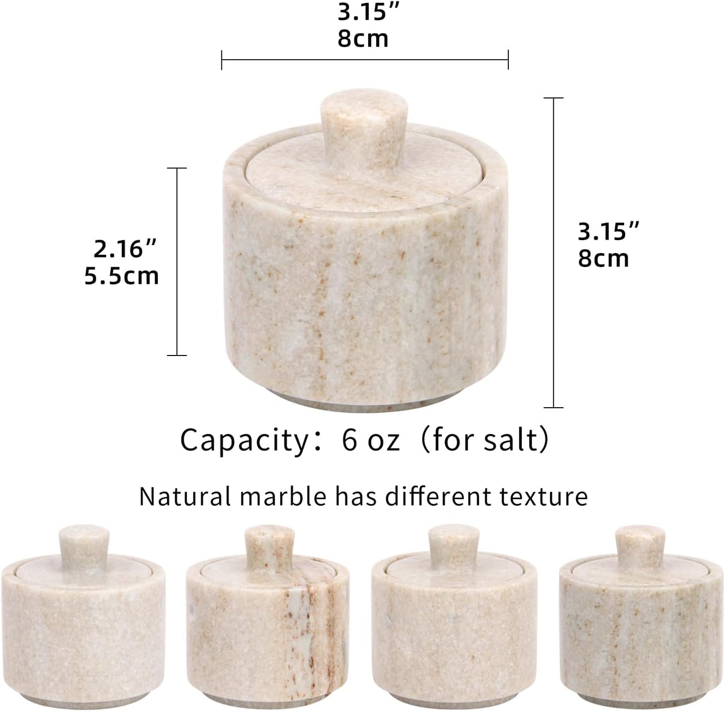 Marble Salt Cellar with Lid, White and Black Stone Salt and Pepper Bowl Box Container Jar Holder Well Keeper Dish Pig Crock