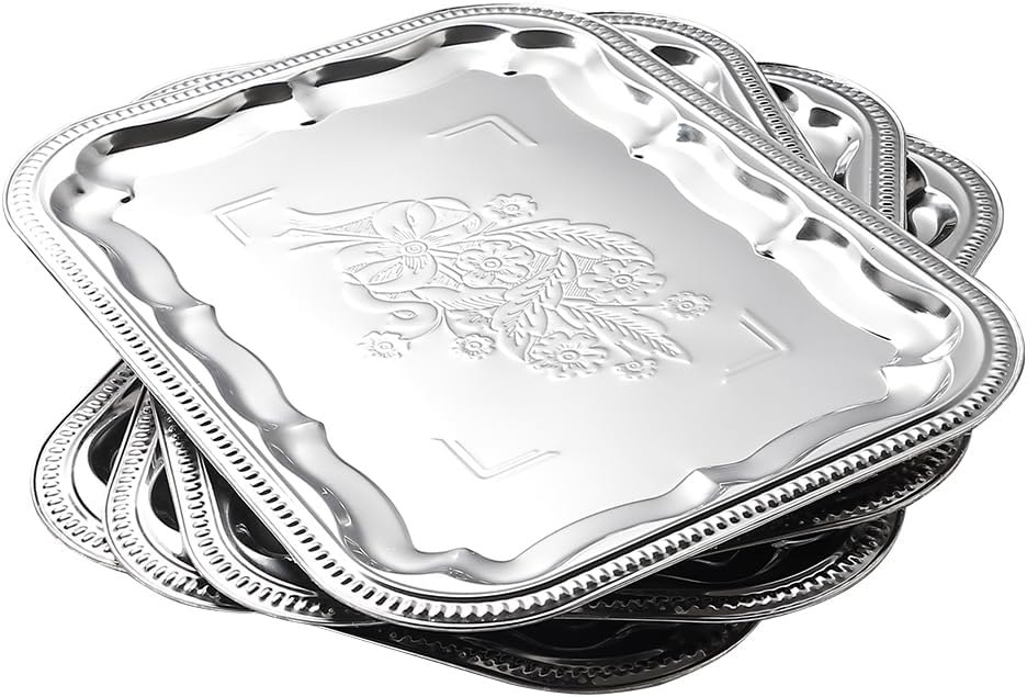 4-Pack 15.7" x 11.8" Silver Serving Trays for Party Set - Floral Engraved Serving Platters, Wedding Birthday Mirror Tray for Summer BBQ, Food, Appetizer, Charcuterie, Cookies, Desserts