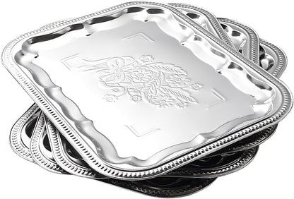 4-Pack 15.7" x 11.8" Silver Serving Trays for Party Set - Floral Engraved Serving Platters, Wedding Birthday Mirror Tray for Summer BBQ, Food, Appetizer, Charcuterie, Cookies, Desserts