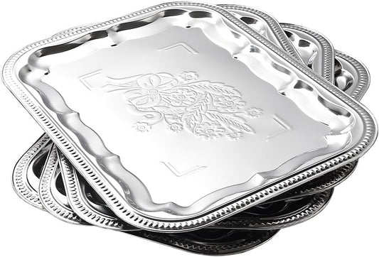 4-Pack 15.7" x 11.8" Silver Serving Trays for Party Set - Floral Engraved Serving Platters, Wedding Birthday Mirror Tray for Summer BBQ, Food, Appetizer, Charcuterie, Cookies, Desserts