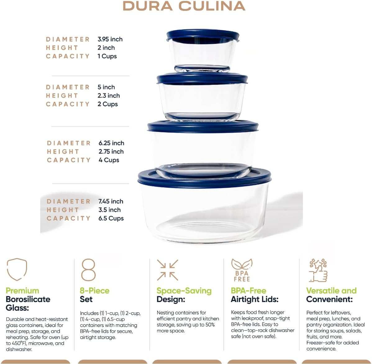 6-Piece Glass Food Storage Containers Set (3 Containers + 3 BPA-Free Lids) | 2-Cup, Leakproof | Microwave, Freezer, Oven & Dishwasher Safe | Ideal for Meal Prep & Pantry Organization, Pistachio