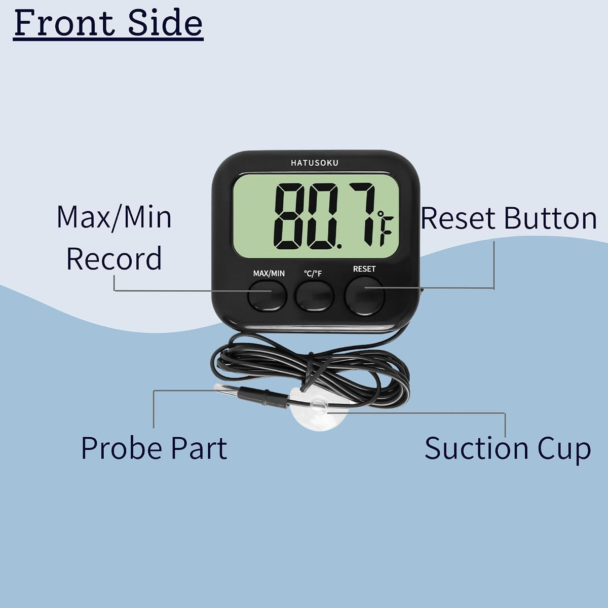 HATUSOKU Digital Thermometer with External Sensor, Magnet, Suction Cup, Water Thermometer, Aquarium, Refrigerator, Freezer (Black)