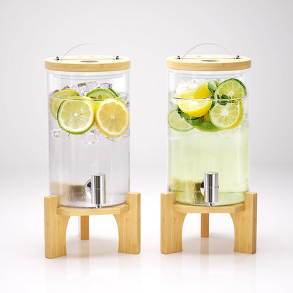 1 Gallon Glass Drink Dispenser For Parties, Beverage Dispenser With Bamboo Wood Stand And Stainless Steel Spigot, Countertop Water Dispenser, Lemonade Dispenser For Wedding, Picnic (1PACK)