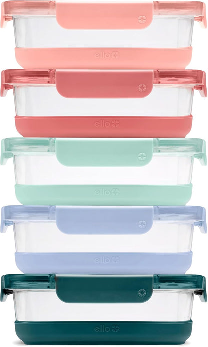Ello Duraglass 3.4 Cup Meal Prep 10Pc,Set,Glass Food Storage Container with Silicone Sleeve and Airtight BPA-Free Plastic Lids,Dishwasher,Microwave & Freezer Safe,Evening Orchard,5 Count (Pack of 2)