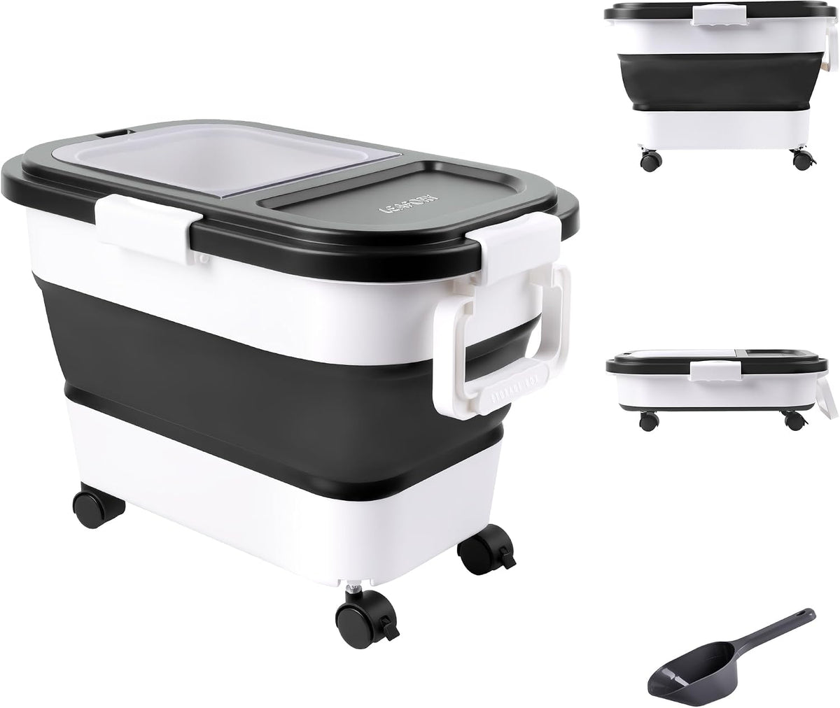 Dog Food Storage Container 20-25lbs, Airtight Pet Food Bin with Locking Lid & Clear Window, Collapsible Rolling Storage Container with Wheels and Scoop, Black