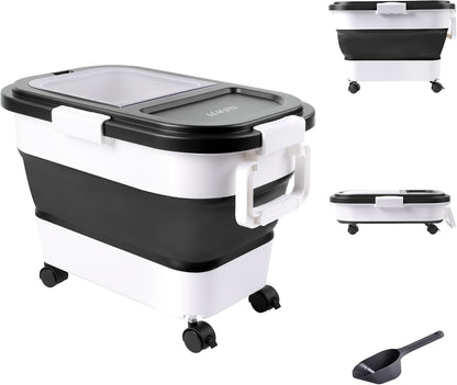 Dog Food Storage Container 20-25lbs, Airtight Pet Food Bin with Locking Lid & Clear Window, Collapsible Rolling Storage Container with Wheels and Scoop, Black