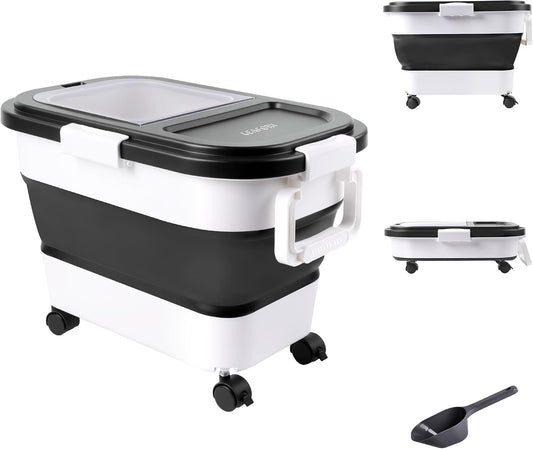 Dog Food Storage Container 20-25lbs, Airtight Pet Food Bin with Locking Lid & Clear Window, Collapsible Rolling Storage Container with Wheels and Scoop, Black