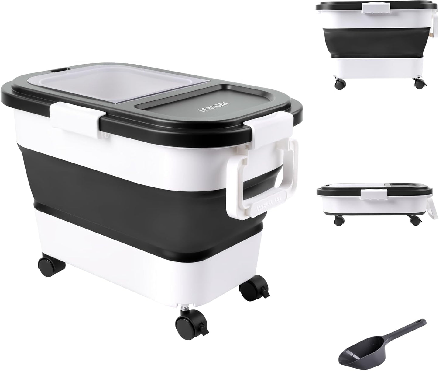 Dog Food Storage Container 20-25lbs, Airtight Pet Food Bin with Locking Lid & Clear Window, Collapsible Rolling Storage Container with Wheels and Scoop, Black
