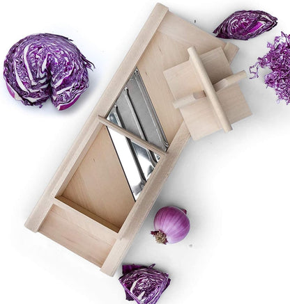 Traditional Wooden Cabbage Shredder Slicer with Hand Guard for Finely Cut Sauerkraut and Coleslaw - Heirloom Quality - Made in Europe - Beech Wood - Stainless Steel Blades