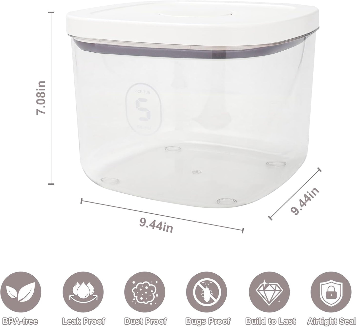 Airtight Rice Container with Measuring Cup, BPA-Free Clear PET Plastic Food Storage Container Pantry Organizers and Storage Sugar Cookies Flour Rice Container (5 L /5.28 QT)