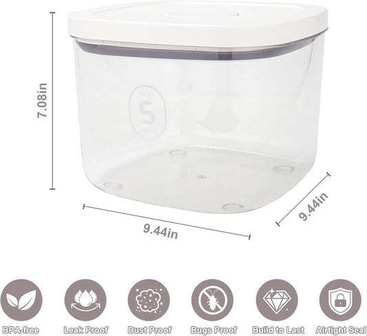 Airtight Rice Container with Measuring Cup, BPA-Free Clear PET Plastic Food Storage Container Pantry Organizers and Storage Sugar Cookies Flour Rice Container (5 L /5.28 QT)