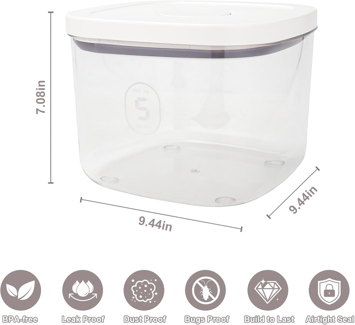 Airtight Rice Container with Measuring Cup, BPA-Free Clear PET Plastic Food Storage Container Pantry Organizers and Storage Sugar Cookies Flour Rice Container (5.6 L / 5.92 QT)