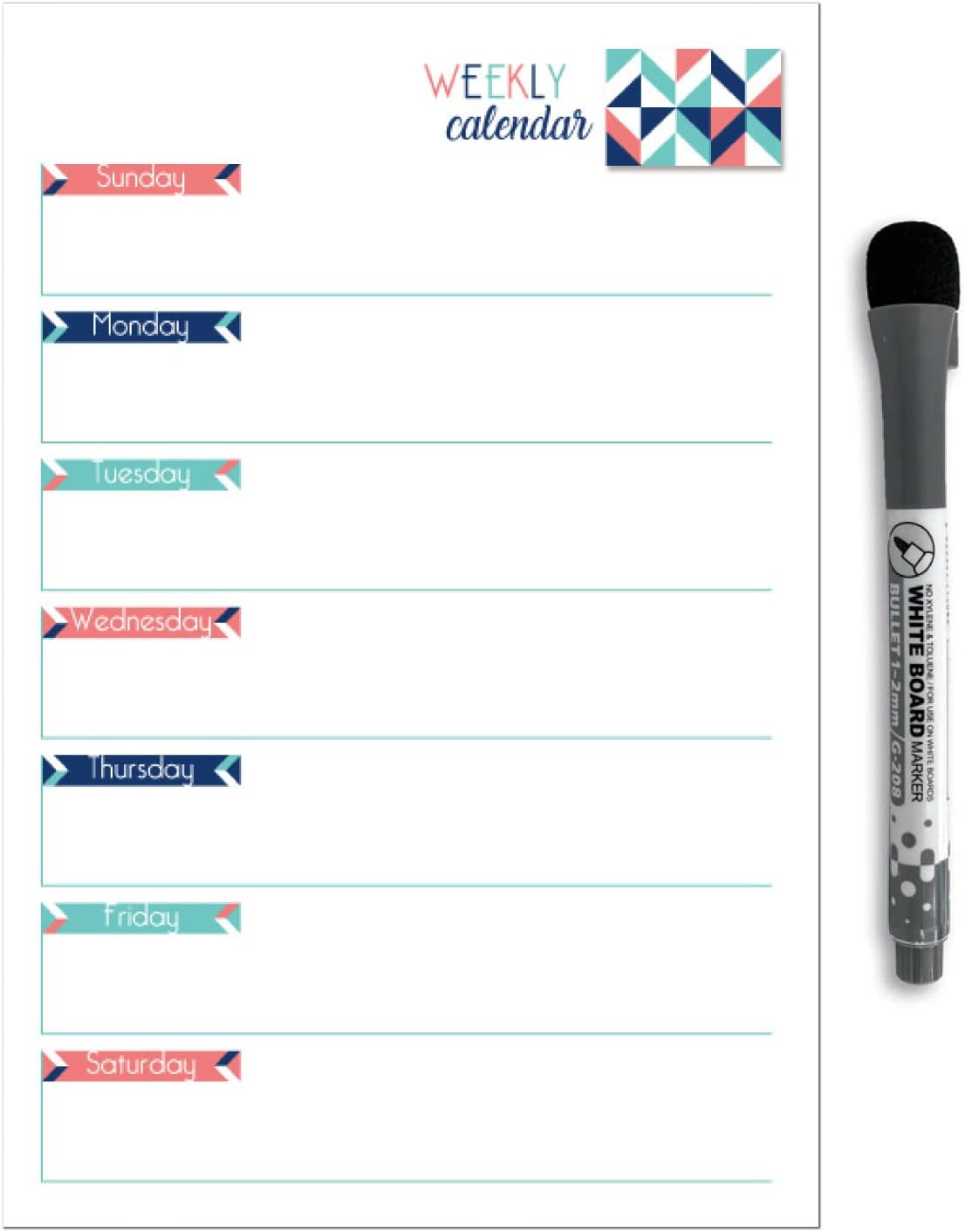 Dry Erase Weekly Calendar Planner Sticker Decal | Removable & Reusable | Magnetic Fine-Tip Marker Included (6 x 9 inches, White)