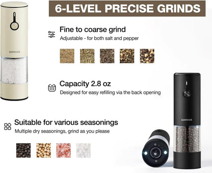 Stainless Steel Rechargeable Electric Salt and Pepper Grinder Set – USB Charging, One-Hand Electric Mill, Adjustable Coarseness, LED Light & Dust Cover –2pack(Greige & Buttercream)