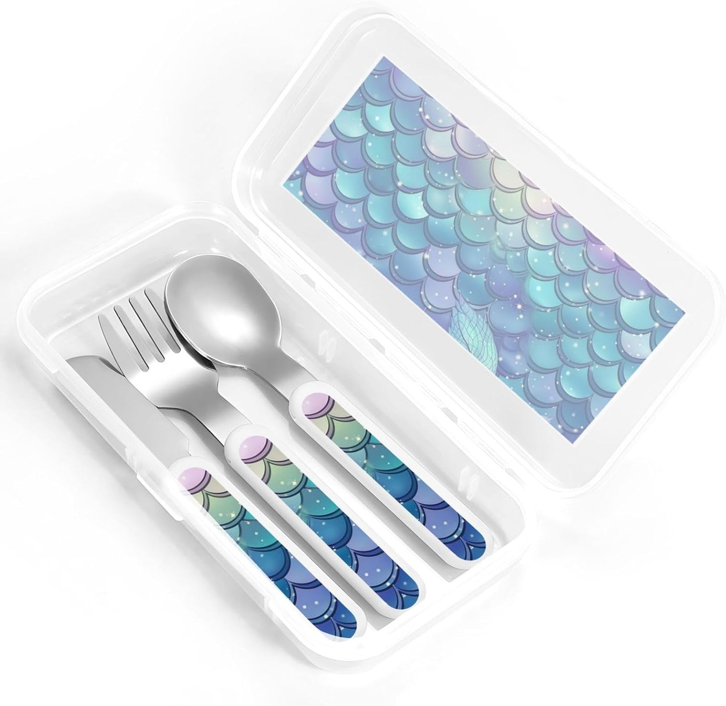3-Piece Children Utensils Set Water Lily Mermaid Scales Knife Spoon Fork Set Stainless Steel Silverware Set Easy-Grip Reusable Utensils Set Child Flatware Set with Case for Lunch Travel