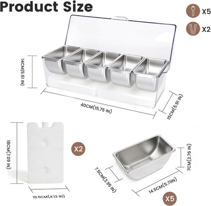 Chilled Condiment Caddy with 5 Stainless Steel Compartments – Condiment Containers with Lids, Serving Tray for Party, Bar, Salad, Taco & Fruit Garnish, Includes 2 Ice Packs, 5 Forks and 2 Tongs