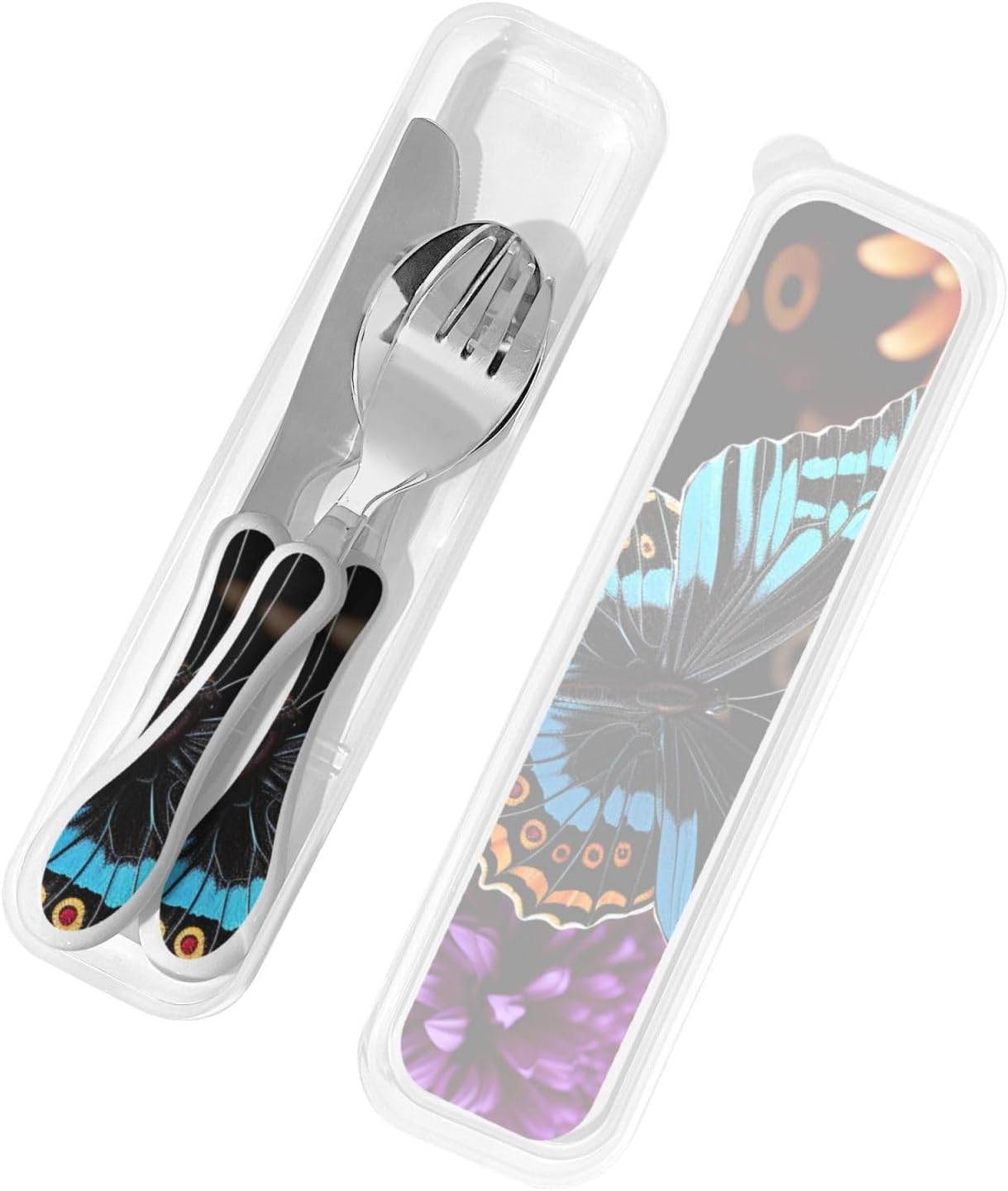 3-Piece Kids Silverware Set With Storage Case, Stainless Steel Reusable Children Safe Knife Spoon Fork Set Butterfly On Beautiful Flower Children Flatware Set For Kids Lunch Box