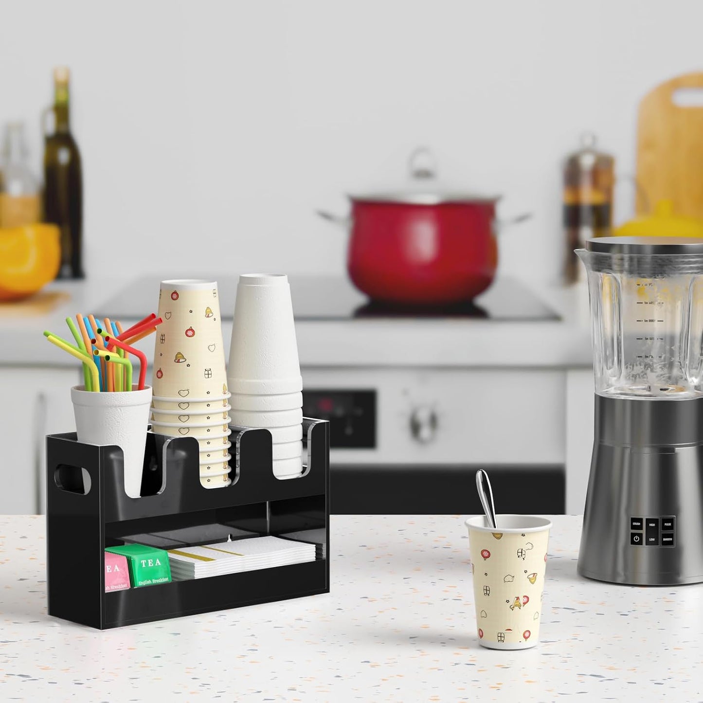 Disposable Coffee Cup Dispenser with Handles, 2-Tier 4 Compartments Clear Acrylic Paper Cup and Lid Storage Organizer for Coffee Bar Kitchen Accessories Restaurant Breakroom Party Supplies