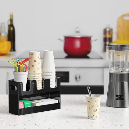 Disposable Coffee Cup Dispenser with Handles, 2-Tier 4 Compartments Clear Acrylic Paper Cup and Lid Storage Organizer for Coffee Bar Kitchen Accessories Restaurant Breakroom Party Supplies