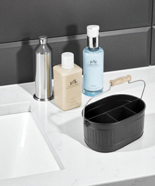 CLEENTABLE Rustic Galvanized Utensil Caddy - Farmhouse Silverware Holder for Kitchen, Dining, Picnic, Parties - Durable Cutlery Organizer with Handle, Countertop Storage (Black)