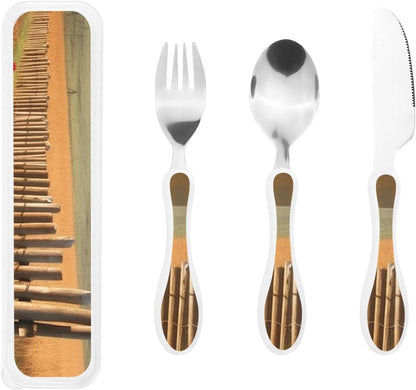 3-Piece Kids Silverware Set With Storage Case, Stainless Steel Reusable Children Safe Knife Spoon Fork Set Blue Active Girl Running Sunset Children Flatware Set For Kids Lunch Box - Colors C