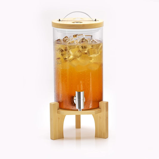1.2 Gallon Glass Drink Dispenser For Parties, beverage dispenser with Bamboo wood stand And Stainless Steel Spigot, Juice or lemonade dispenser Laundry Detergent Dispenser (2 PACK)