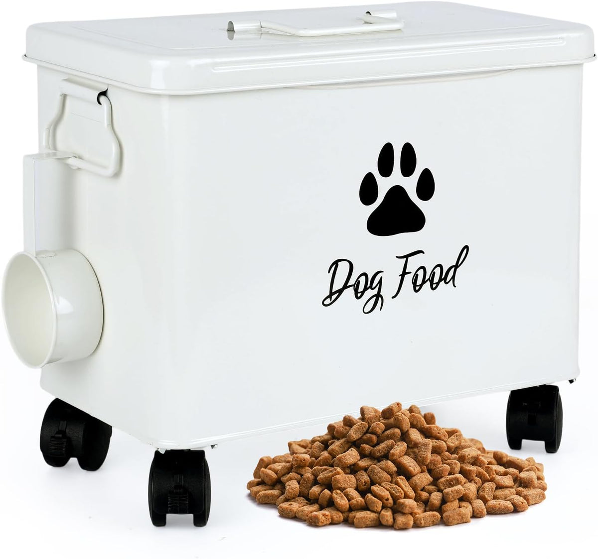 Dog Food Container 13lb, Cute Airtight Pet Food Storage Containers with Metal Lid Scoop, Black Metal Storage Bin for Dog/Cat with Wheels,Easy to Move
