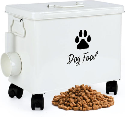 Dog Food Container 13lb, Cute Airtight Pet Food Storage Containers with Metal Lid Scoop, Black Metal Storage Bin for Dog/Cat with Wheels,Easy to Move