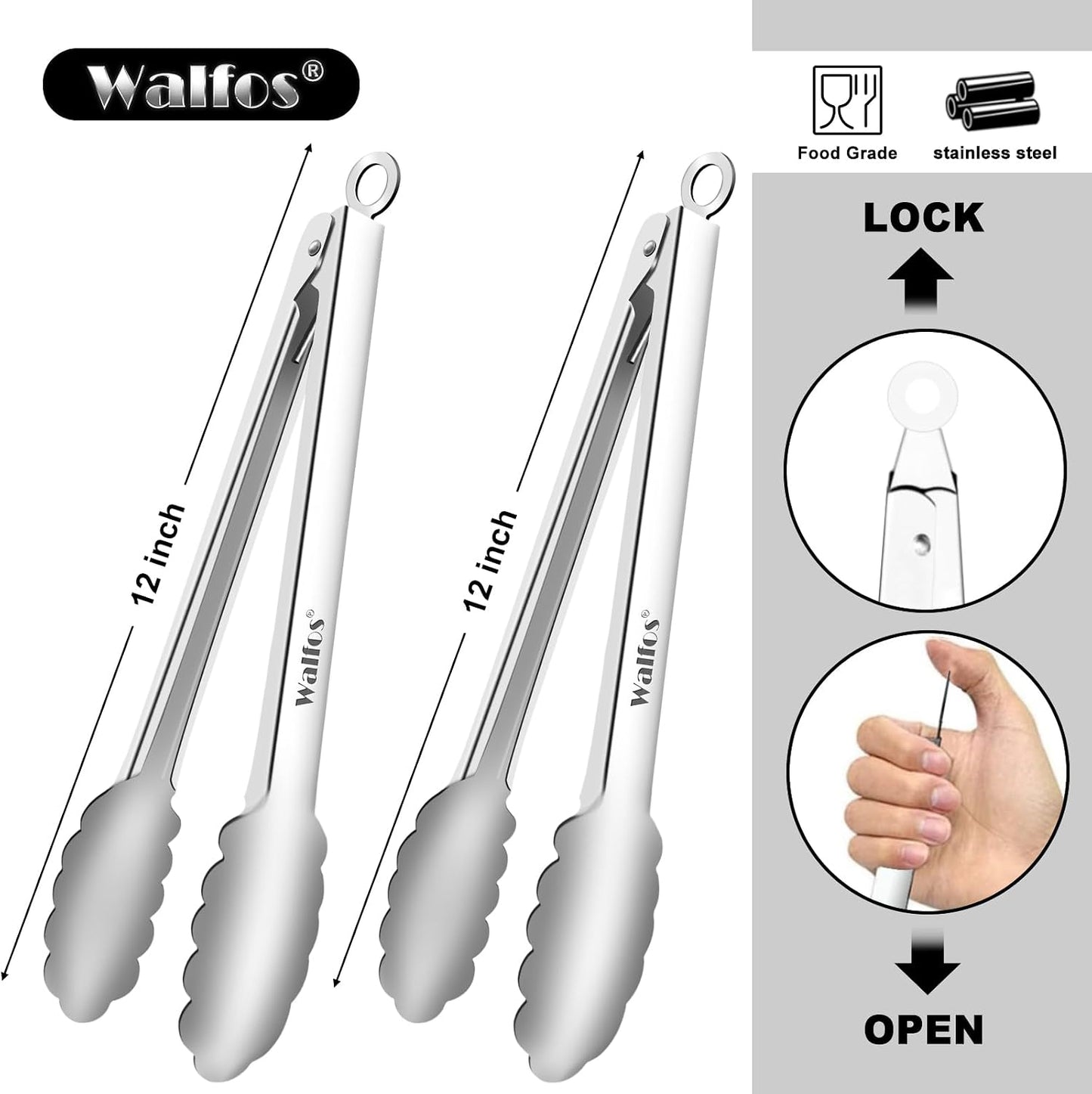 Walfos Kitchen Tongs for Cooking, 600℉ Heat Resistant Stainless Steel Tongs, All Metal Heavy Duty Tongs For Food ,BBQ Grilling - 7 ，9 and 12 Inch ,Set of 3