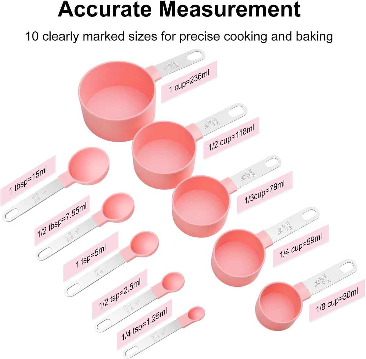 Measuring Cups and Spoons Set, 10-Piece with Stainless Steel Handles, Pink