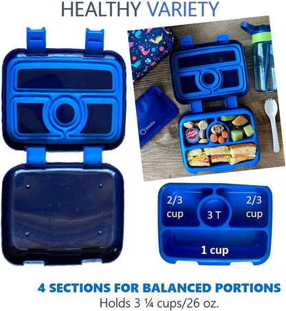 Kids Lunch Box - Bento Box for Boys Toddler Daycare, 4 Portion Sections with Lid, Snack Container Pre-School Kid Lunches Toddlers Removable Tray BPA Free, 3+ Years Old, Blue Rocket Dinosaur