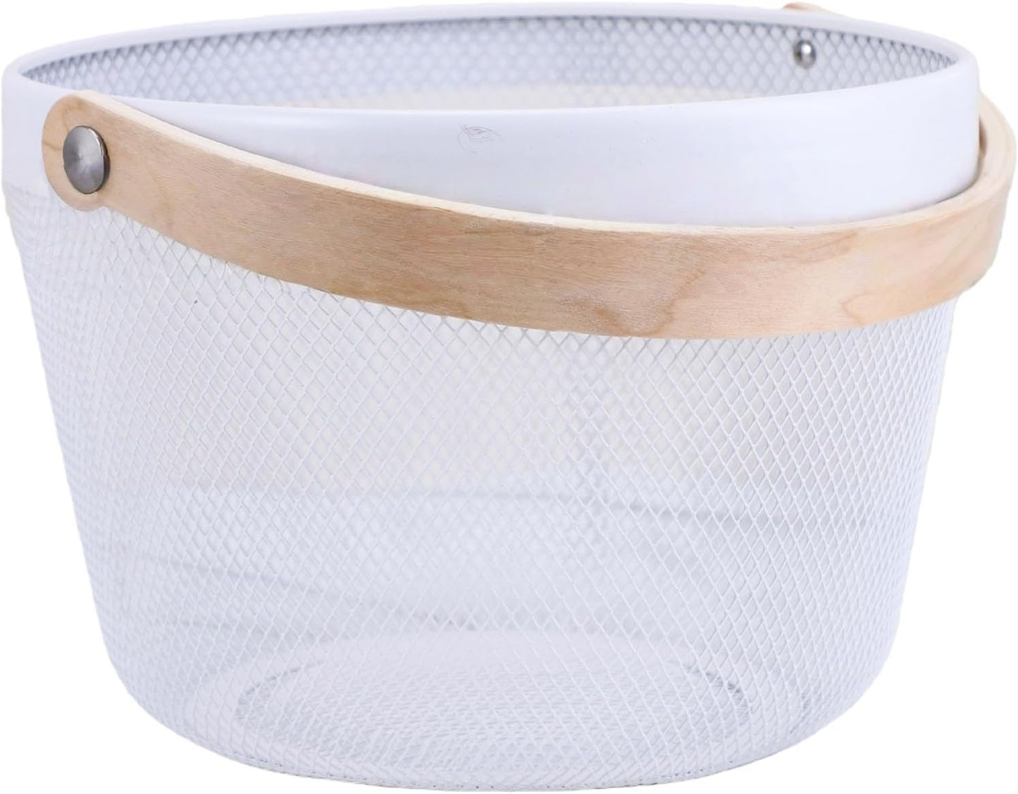 AJIODA Metal Mesh Steel Wire Basket, Round Storage Organizer Basket with Wooden Handle Multi-functional Hanging Kitchen Baskets Fruit Baskets for Kitchen Bathroom Picnic Decor Cabinet Home, White