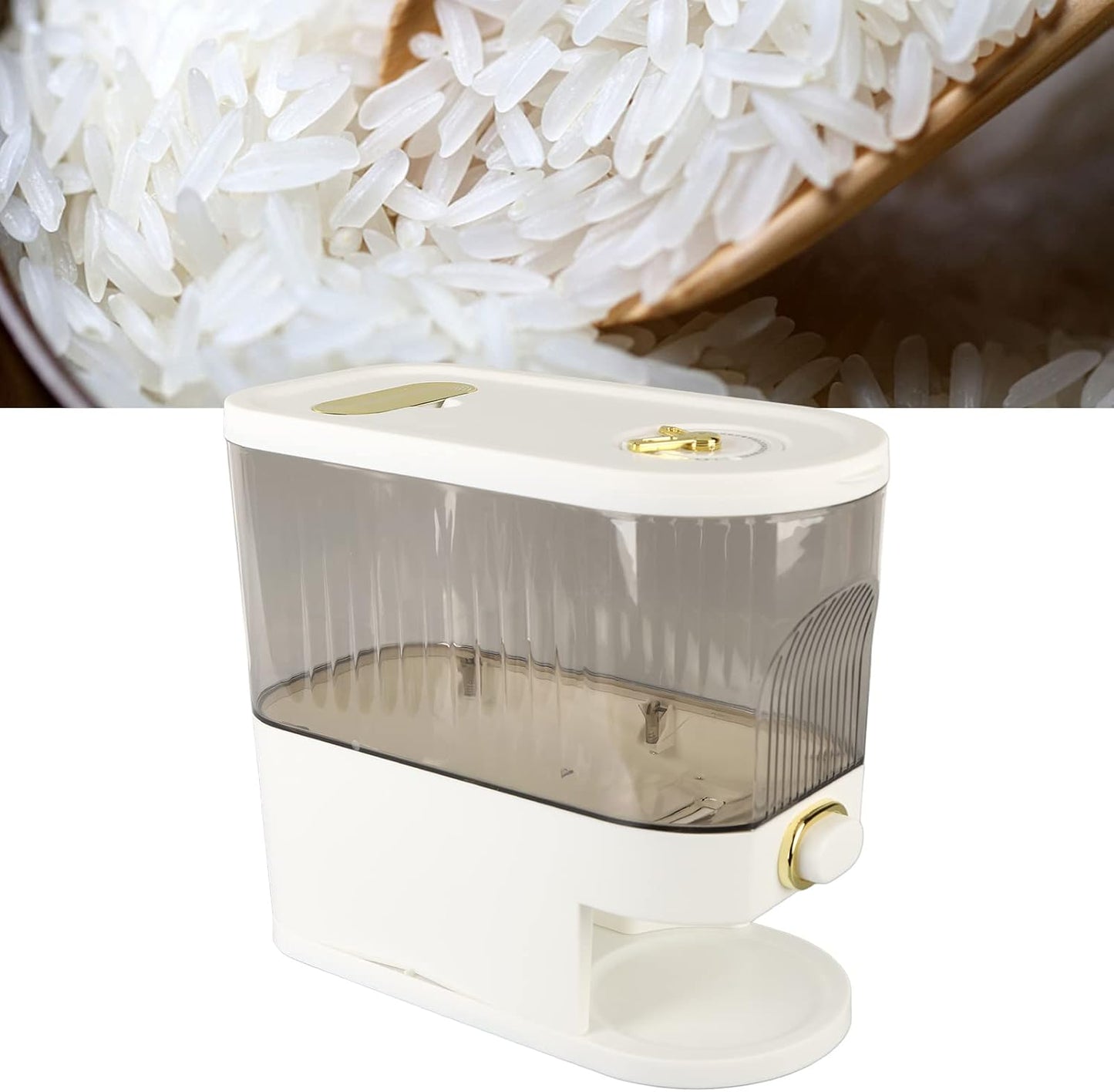 Rice and Grain Storage Container, Clear Rice Dispenser, Food Storage Container with Measuring Cup, Button Operation Dry Food Storage Box Rice Bucket for Cereal, Grain, Beans(L)