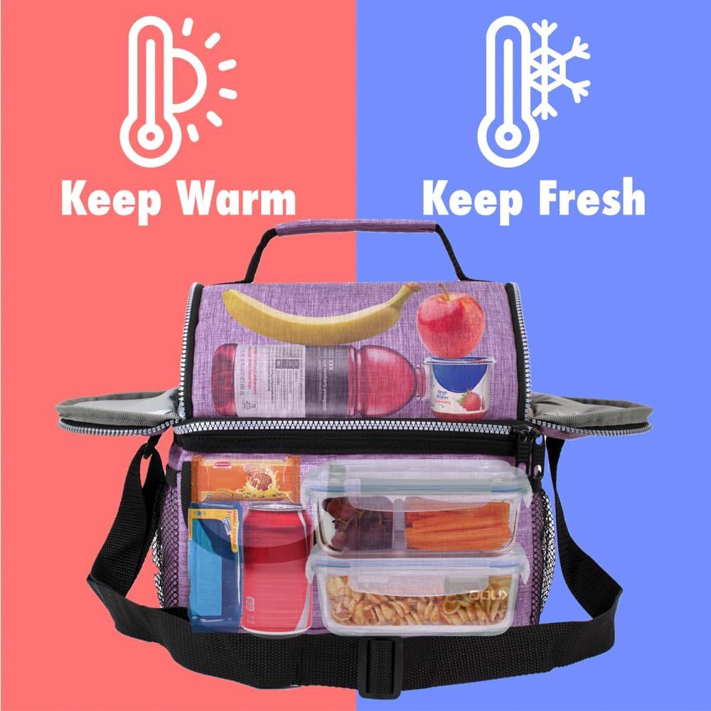 opux Insulated Lunch Bag Women Men, Dual Compartment Leakproof Lunch Box Adults Kids, Double Decker Meal Prep Bento Lunch Cooler Tote with Shoulder Strap for Work Office School Travel, Floral Purple