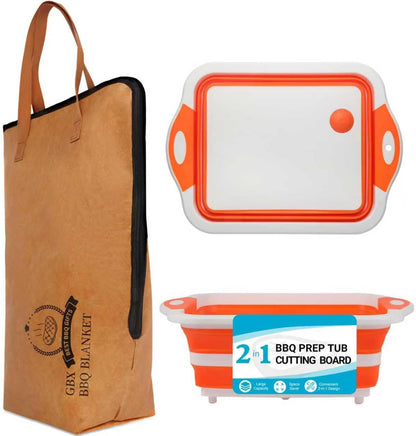 Collapsible BBQ Prep Tub & BBQ Resting Bag - Multi-Function Foldable Cutting Board, BPA Free Portable Silicone Dish Bowl, Leak Free Drain Hole for Meal Prep, Marinating, Food Storage(Orange)